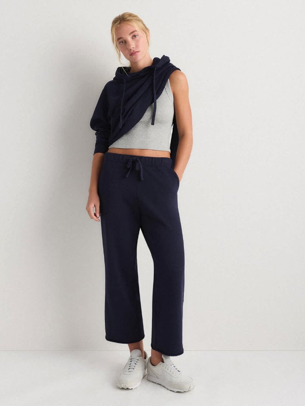 French Terry Cropped Wide Leg Pants in Deep Navy - Picture 8 of 9
